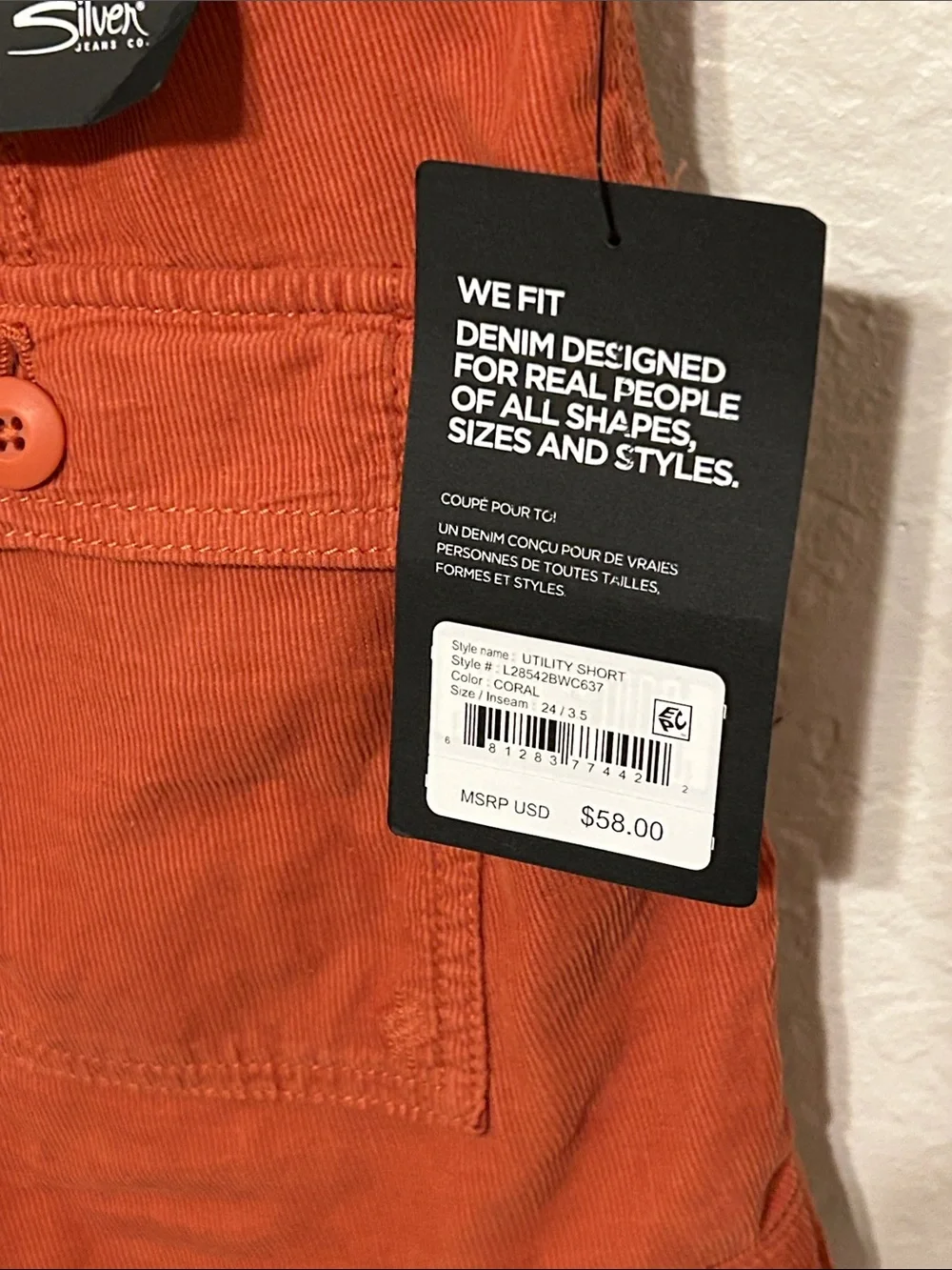 🎩Silver Jeans High-Rise Cargo Pocket Shorts in coral size w24/L3.5 NWT